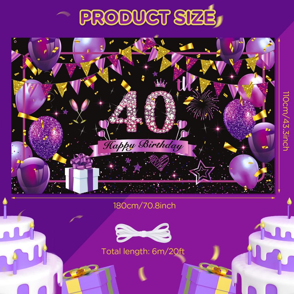 Purple 40th Birthday Decorations Banner Purple Black Gold Happy Birthday Sign Large Shiny Purple Black 40th Birthday Backdrop Background Photo Booth for Women 40th Birthday Anniversary Party Supplies - Image 6