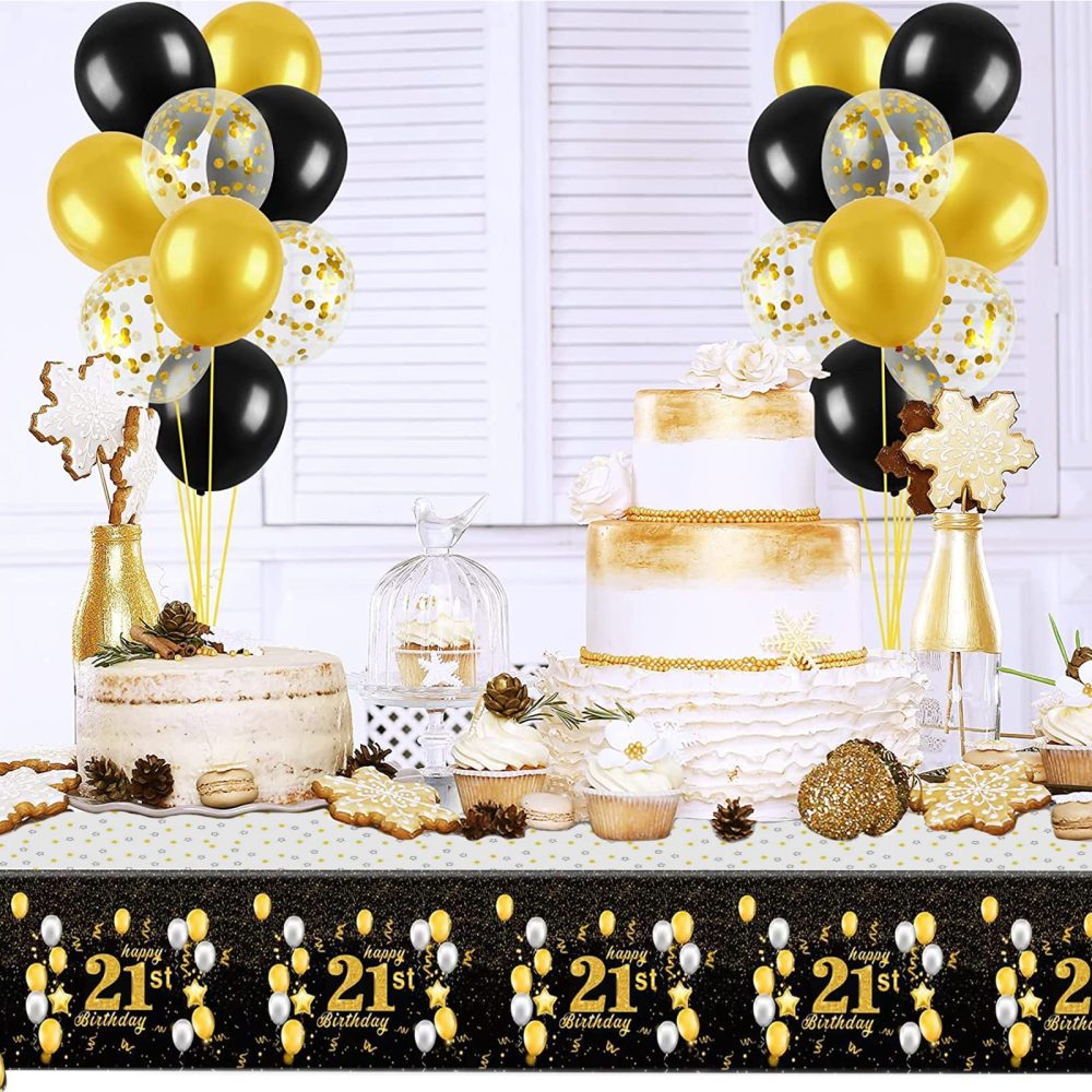 Black Gold Happy 21st Birthday Table Cloth Cover Party for Boys,Girls,Men,Women,Him,Her,137*274cm 21st Birthday Table Decorations,Rectangular Plastic Tablecloth for 21st Birthday Party Supplies Decor - Image 5
