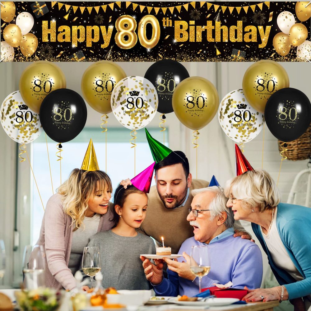 RUMIA 80th Birthday decor for Men Women Black Gold, Black & Gold Birthday Yard Banner & 18 PCS 80th Happy Birthday Balloons Anniversary Birthday Party Supplies Indoor Outdoor Yard Decor (8E-HCX) - Image 2