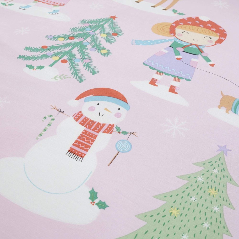 Happy Linen Company Kids Girls Festive Christmas Tree Ice Skating Sausage Dog Pink Single Reversible Duvet Cover Bedding Set - Image 2