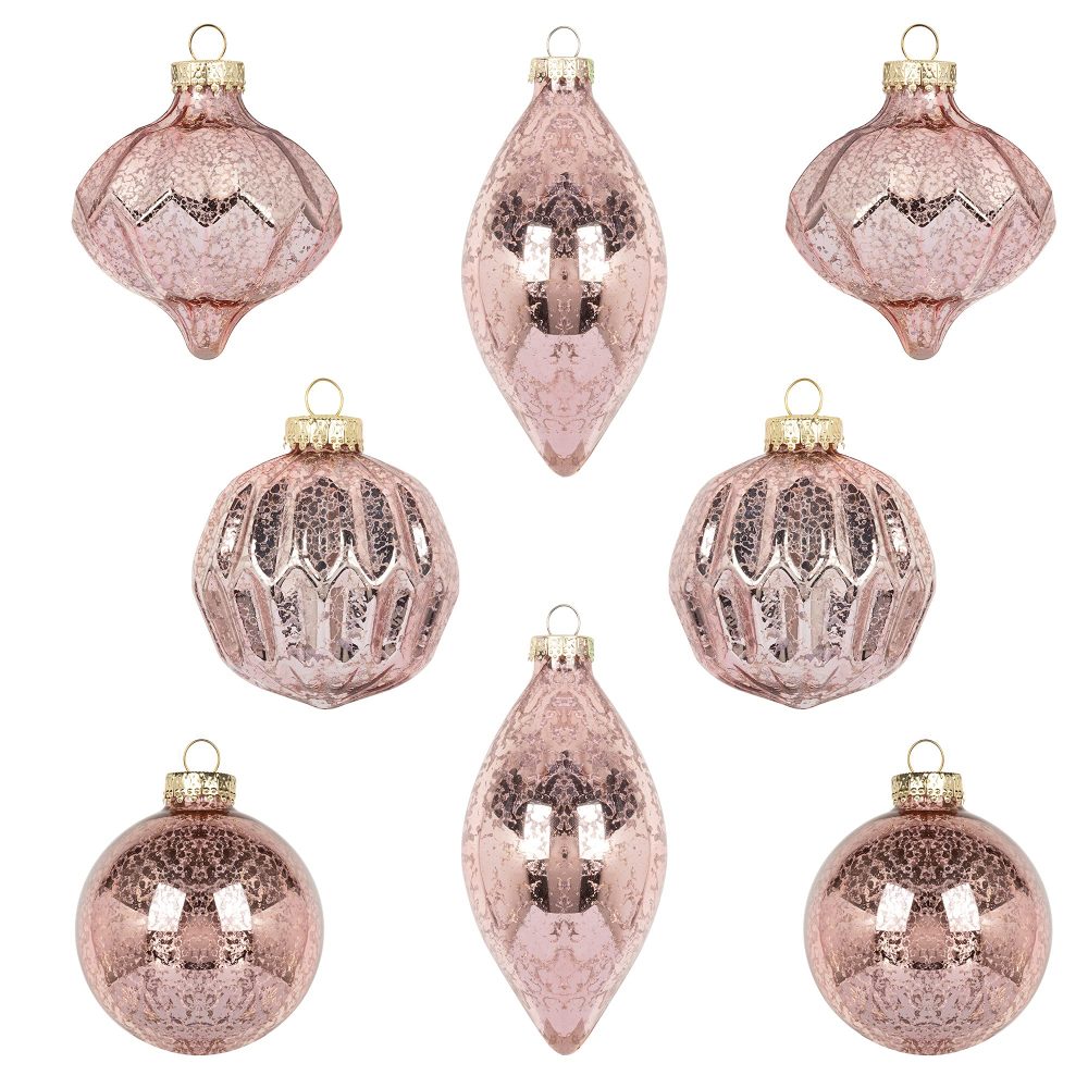 KI Store Mercury Glass Christmas Tree Ornaments Rose Gold Set of 8 80mm 120mm Hanging Christmas Baubles Finials for Christmas Tree Decoration Holiday Décor