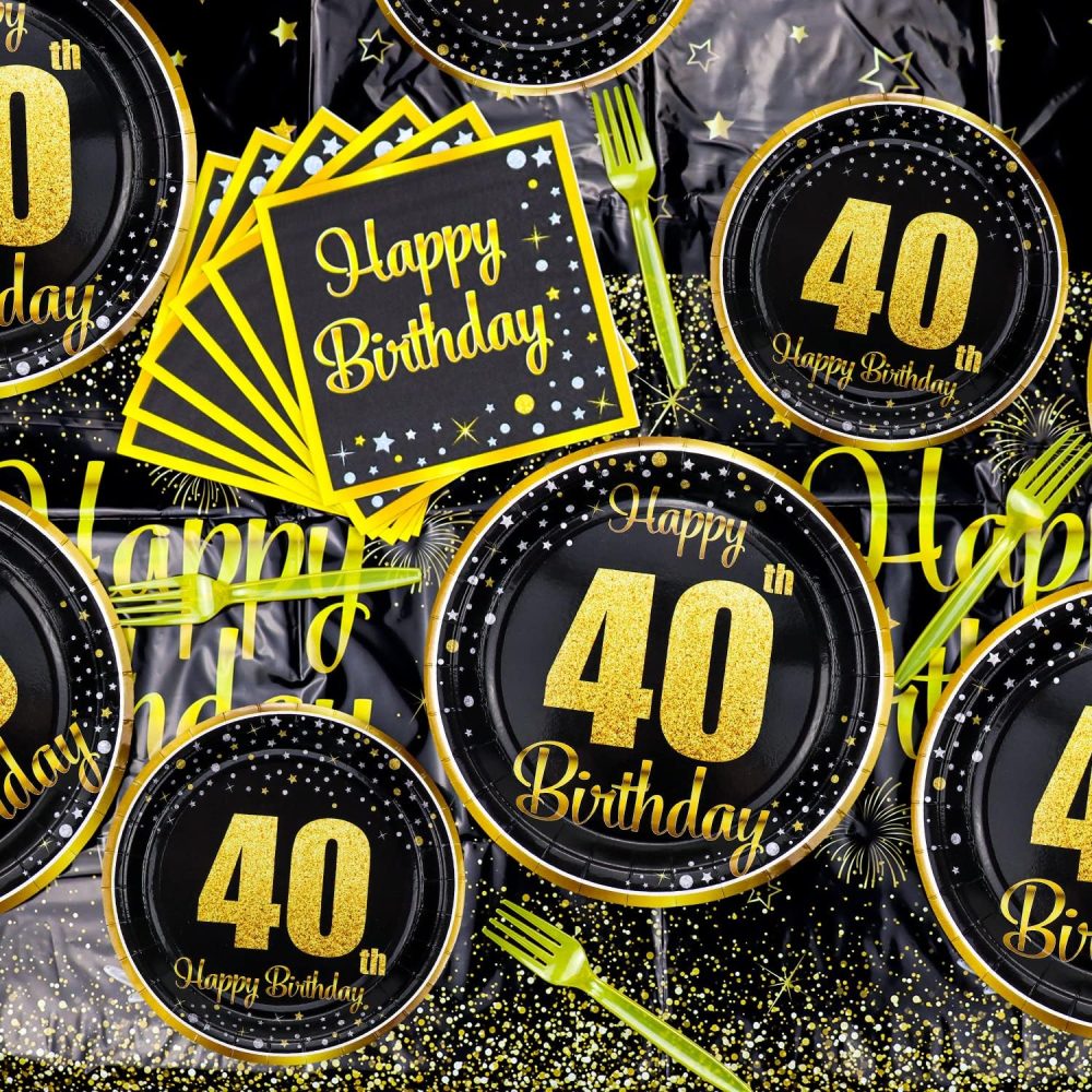 40th Birthday Decorations for Women and Men - 61Pcs Plates Napkins 40th Tablecloth Black and Gold Party Decorations Serve 20 - Image 5