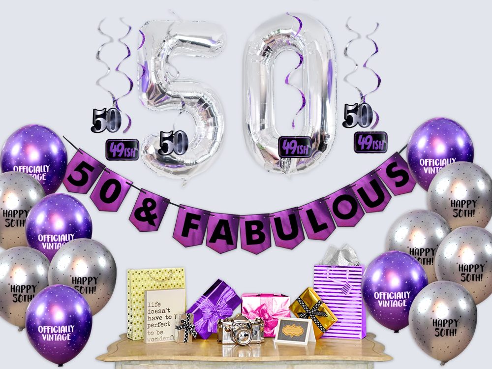 50 & Fabulous Birthday Party Pack - Purple & Silver Happy Birthday Bunting, Balloon, and Swirls Pack- Birthday Decorations - 50th Birthday Party Supplies - Image 5