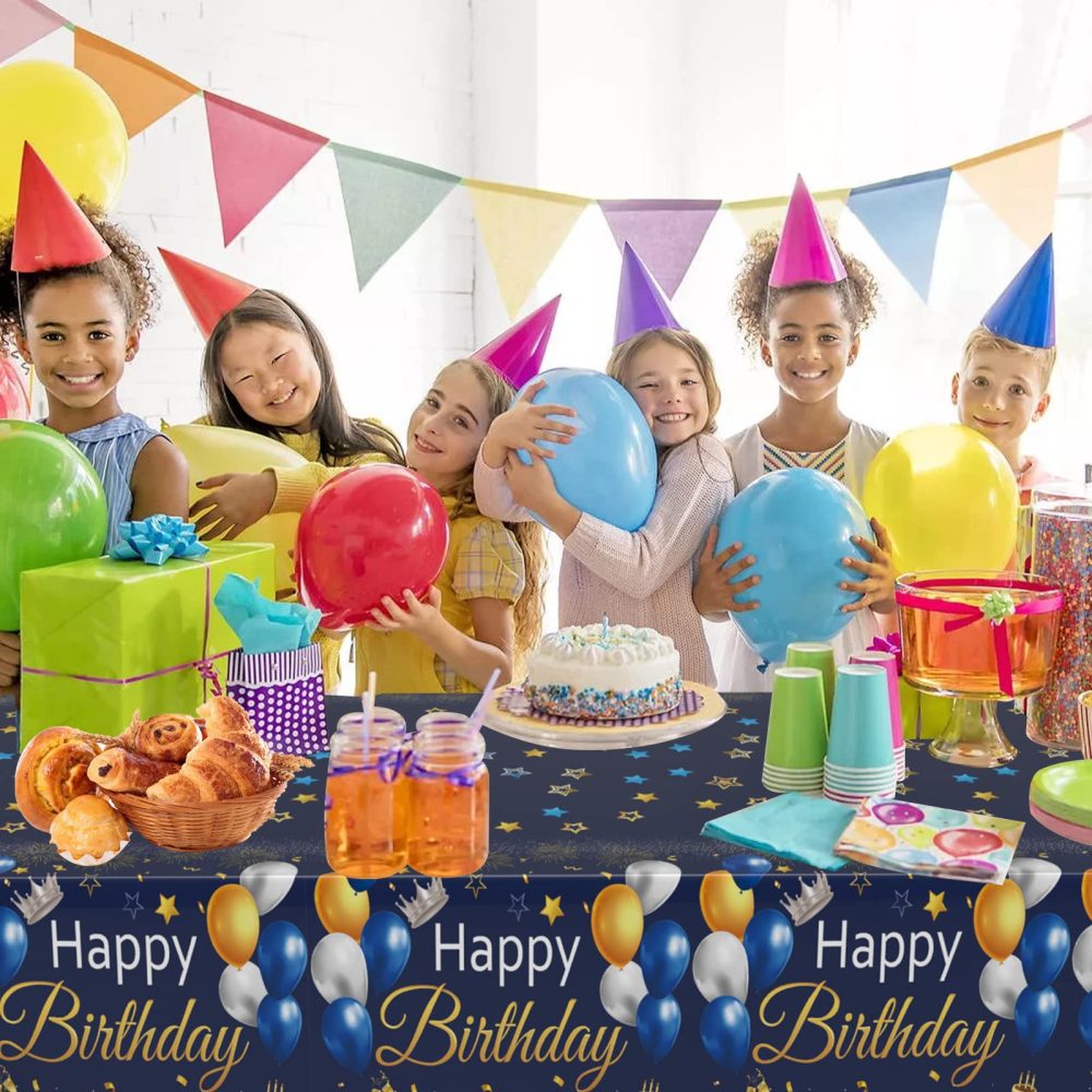 Blue Gold Birthday Table Cloth, 1PC Navy Blue and Gold Tablecloth for Birthday Party Decorations, Blue Happy Birthday Tablecloth Rectangle for Boys Girls Women Men Birthday Baby Shower Decorations - Image 2