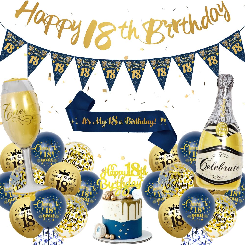 18th Birthday Decorations for Boys - Blue Gold Happy 18th Birthday Banners Cake Topper Pennant Latex Balloons Wine Bottle Balloon Sash for 18th Birthday Party Supplies