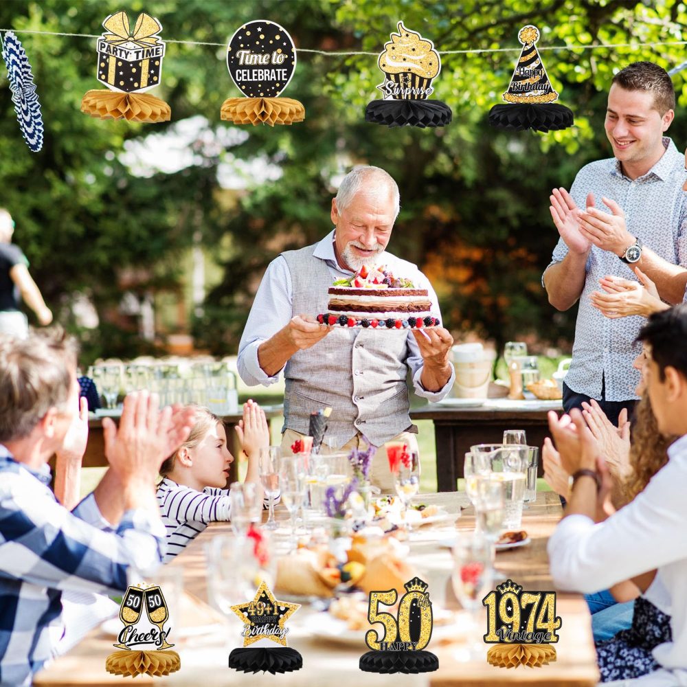 Radsocken 9Pcs 50th Birthday Honeycomb Centerpieces Decorations with String Lights for Women,Gold Black1974 Years Happy Birthday Table Topper 50th Birthday Gifts for Women Men Party Supplies - Image 3
