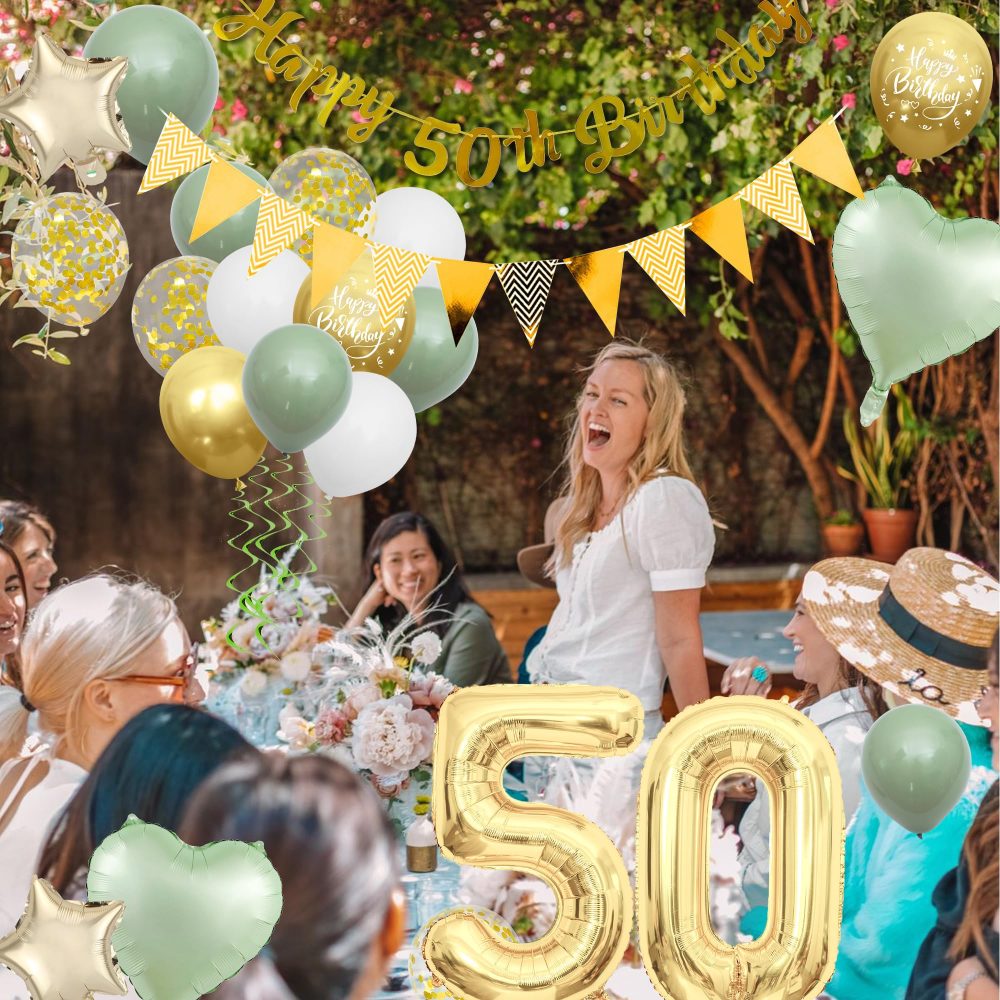 50th Birthday Decorations Women Men - Green Gold Birthday Party Decoration Balloons Set with Banners Paper Pom Confetti Latex Balloon Happy 50th Birthday Cake Toppers for 50 Years Birthday Supplies - Image 2