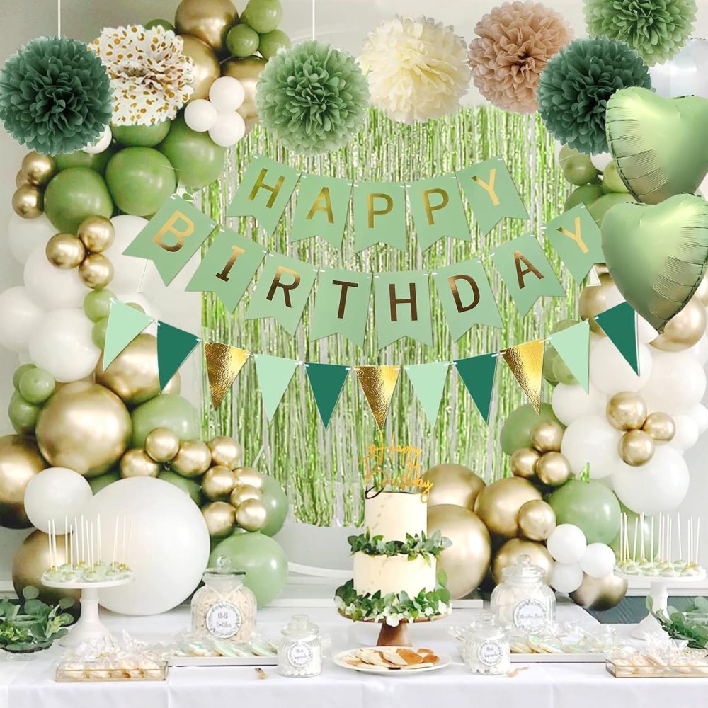 ZUXOLBIN Sage Green Birthday Party Decorations Jungle Olive Gold Green Balloons Happy Birthday Banner Fringe Curtain Background Cake Topper Neutral Birthday Decorations for Women Girls Boys Adults - Image 5