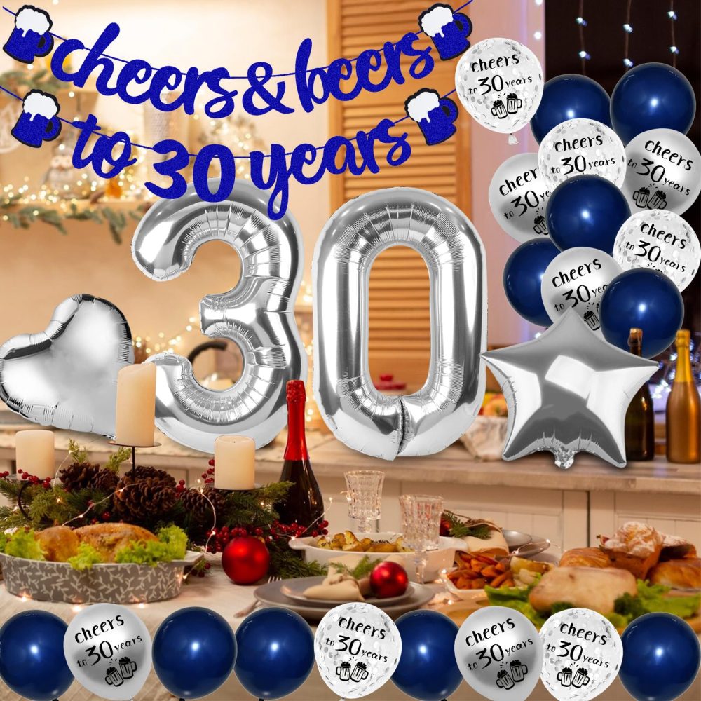 30th Birthday Decorations, 30th Birthday Decorations for Men, Happy 30th Birthday balloons with Navy Blue Cheer to 30 Years Banner, Silver Confetti Latex Balloons for Party Supplies Him Women Her - Image 3