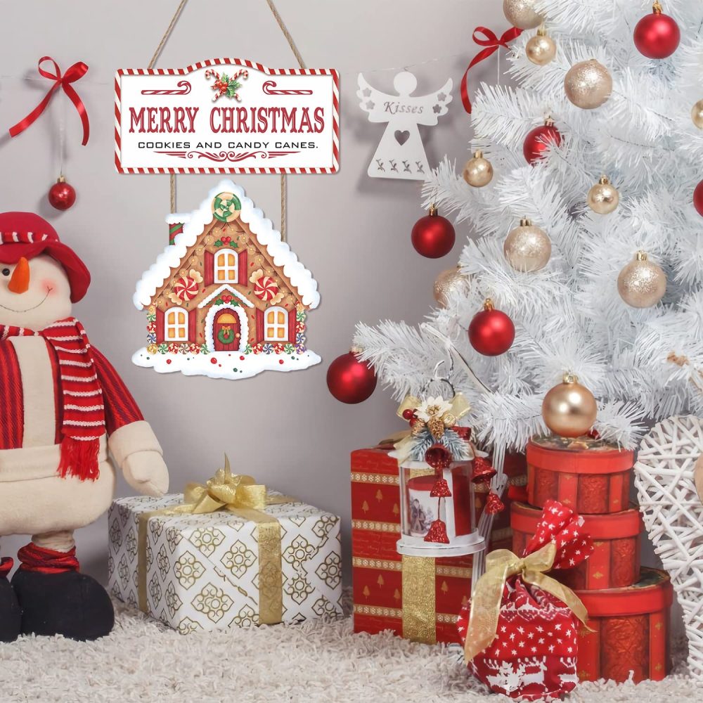 LHIUEM Merry Christmas Gingerbread House Decor for Christmas Wooden Sign Decorations (17x12inch) Xmas Candy Canes Wall Art,Winter Party Hanging Door Sign for Home Festival Porch Front Door Decor - Image 2