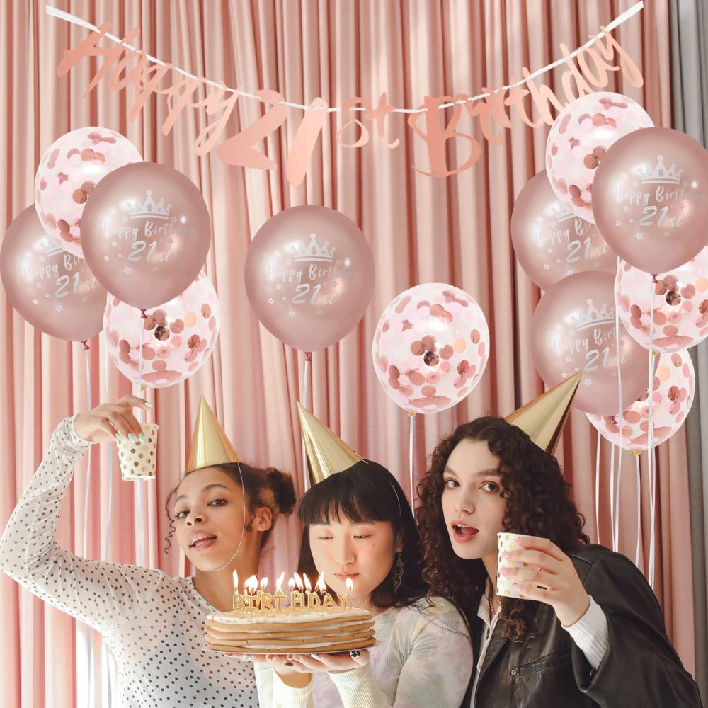 Happy 21th Birthday Banners Rose Gold Women 21th Birthday Banner Bunting Including 12 Pack 12” Latex Printed Balloons Women 21 Birthday Decorations Supplies - Image 6