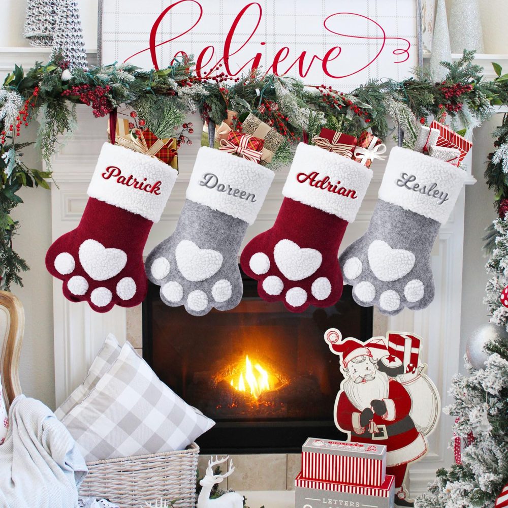 Jodimitty Pet Personalized Christmas Stockings 15"/39cm Large Cloth Christmas Stocking Embroidered Name, Cute Paw Shape Stocking for Family Pet, Christmas Tree Fireplace Decorations - Image 6