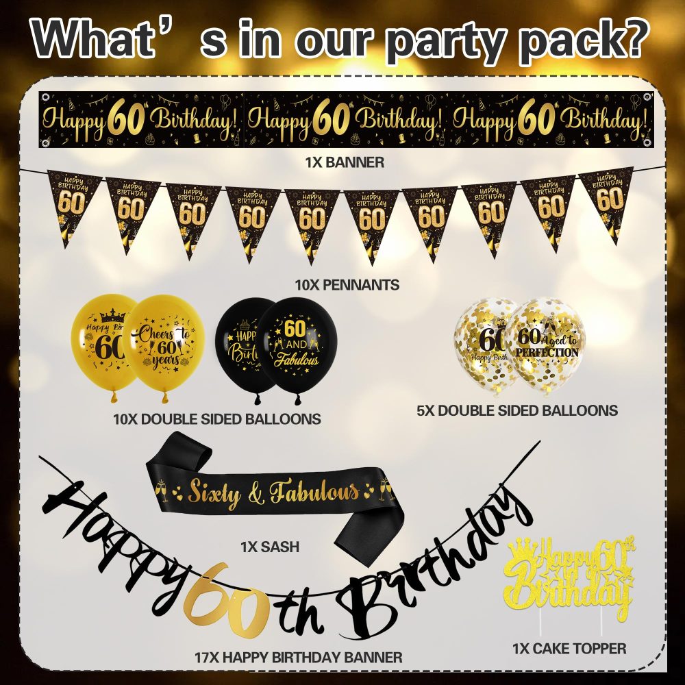 60th Birthday Decorations for Men - 44Pcs Black Gold Party Balloon Banner Decor Set 60th Birthday Yard Banners Confetti Latex Balloons Happy Birthday Cake Topper for Men 60 Years Old Party Supplies - Image 7