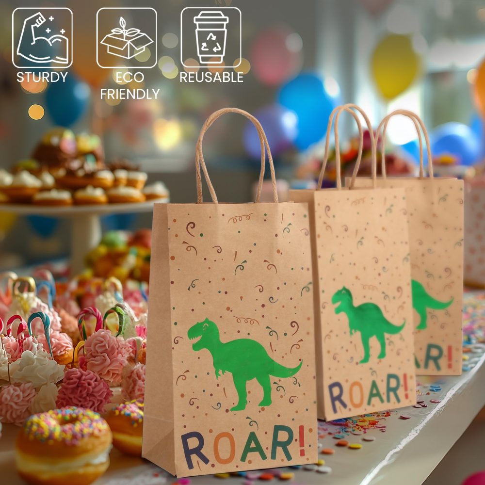 Belle Vous 24 Pack Paper Dinosaur Birthday Party Bags with Handle - Kids Dino Themed Pattern Party Favour, Goodie, Gift, Candy & Treat Loot Bag - Boys & Girls Baby Shower & Children Party Supplies - Image 3