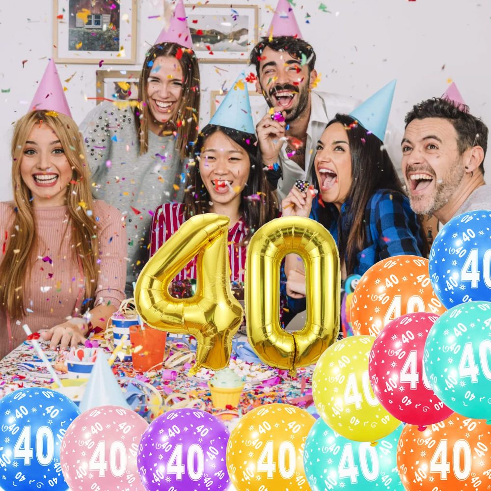 40th Birthday Balloons Set,Gold Number 40 Balloon and 20pcs 12" Multicoloured Numbers Printed Latex Age Balloons,Birthday Balloons for Women Men Birthday Decorations,40th Anniversary Party Supplies - Image 2