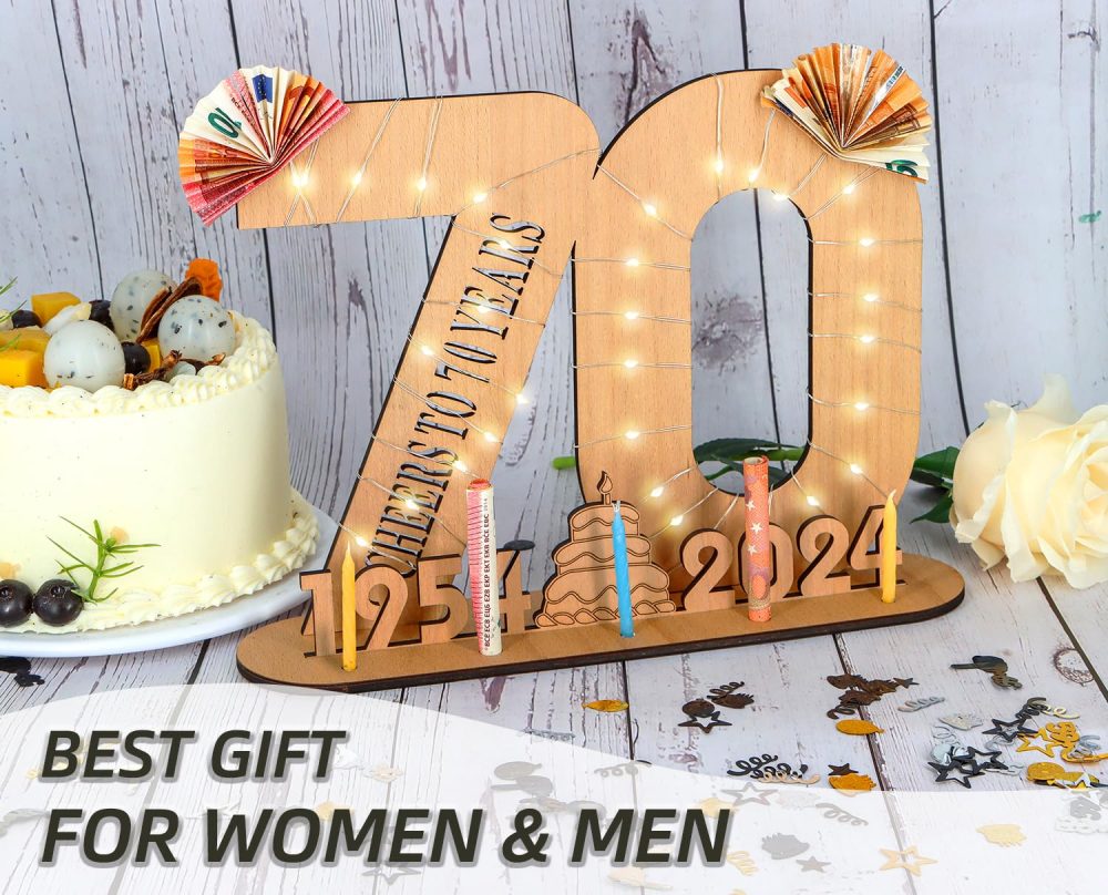 Giftota Original 70th Birthday Gift for Women Men, Money Gifts for 70th Birthday with LED Fairy Lights, 2024 Wooden Sign Guest Book, 70th Birthday Decoration, Personalised Gifts for Women Men - Image 7