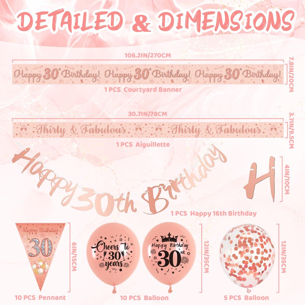 30th Birthday Decorations for Women - Happy 30th Birthday Banner Sash Triangle Flag Sash Yard Banner Latex Balloons Rose Gold Birthday Party Decoration Supplies for Women - Image 7