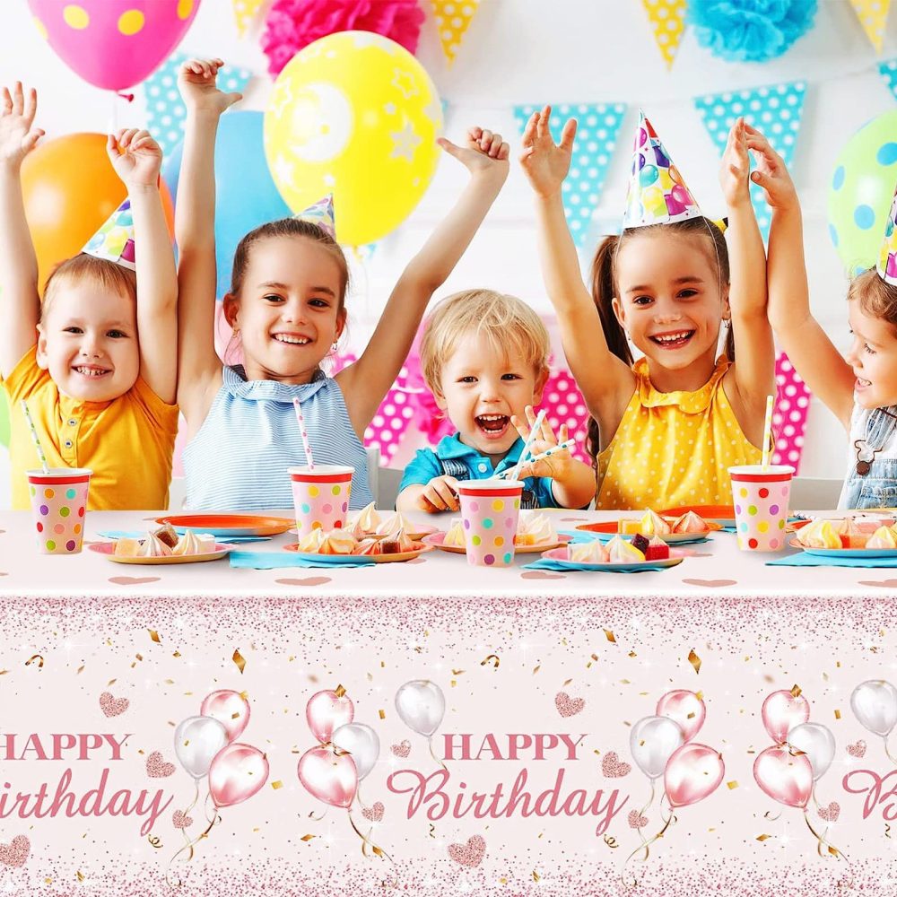 YAAVAAW 137 * 274cm Pink Happy Birthday TableCloth Tablecover for Girls Her Birthday Party,Pink Heart Birthday Dining Table Cover Plastic Tablecloths for Baby Girls Women Birthday Party Decorations - Image 4