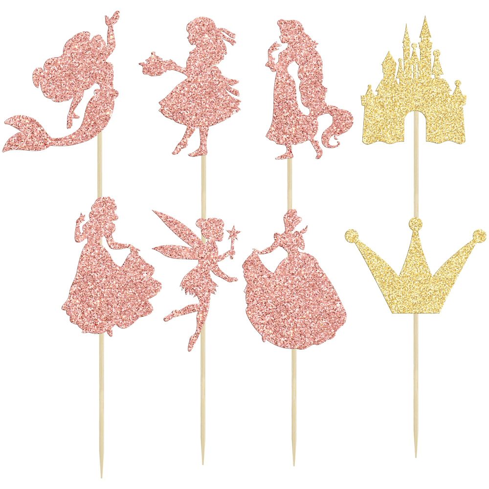 Ephlyn 24Pcs Glitter Princess Cupcake Toppers Mermaid Castle Girl Birthday Cupcake Toothpicks for Princess Mermaid Theme Baby Shower Birthday Party Cake Decorations Rose Gold - Image 6