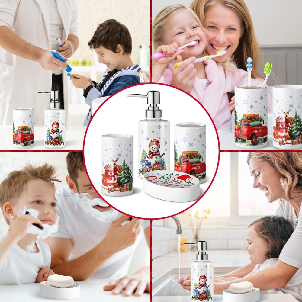 Christmas Bathroom Decor Sets of 4 Bathroom Accessories Sets Complete Christmas Snowman Merry Christmas Toothbrush Holder Soap Dispenser Soap Dish Bathroom Tumbler (Christmas) - Image 4