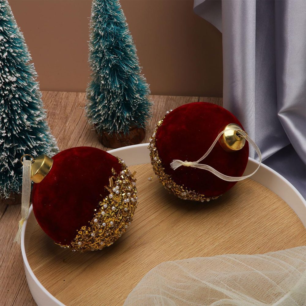 kemengsuer Red Christmas Balls Ornaments, 3inch Red Velvet Christmas Tree Hanging Balls with Gold Sequins and Pearls, Shatterproof Glitter Sequin Foam Balls for Xmas Wedding Party Decor(Wine Red) - Image 7