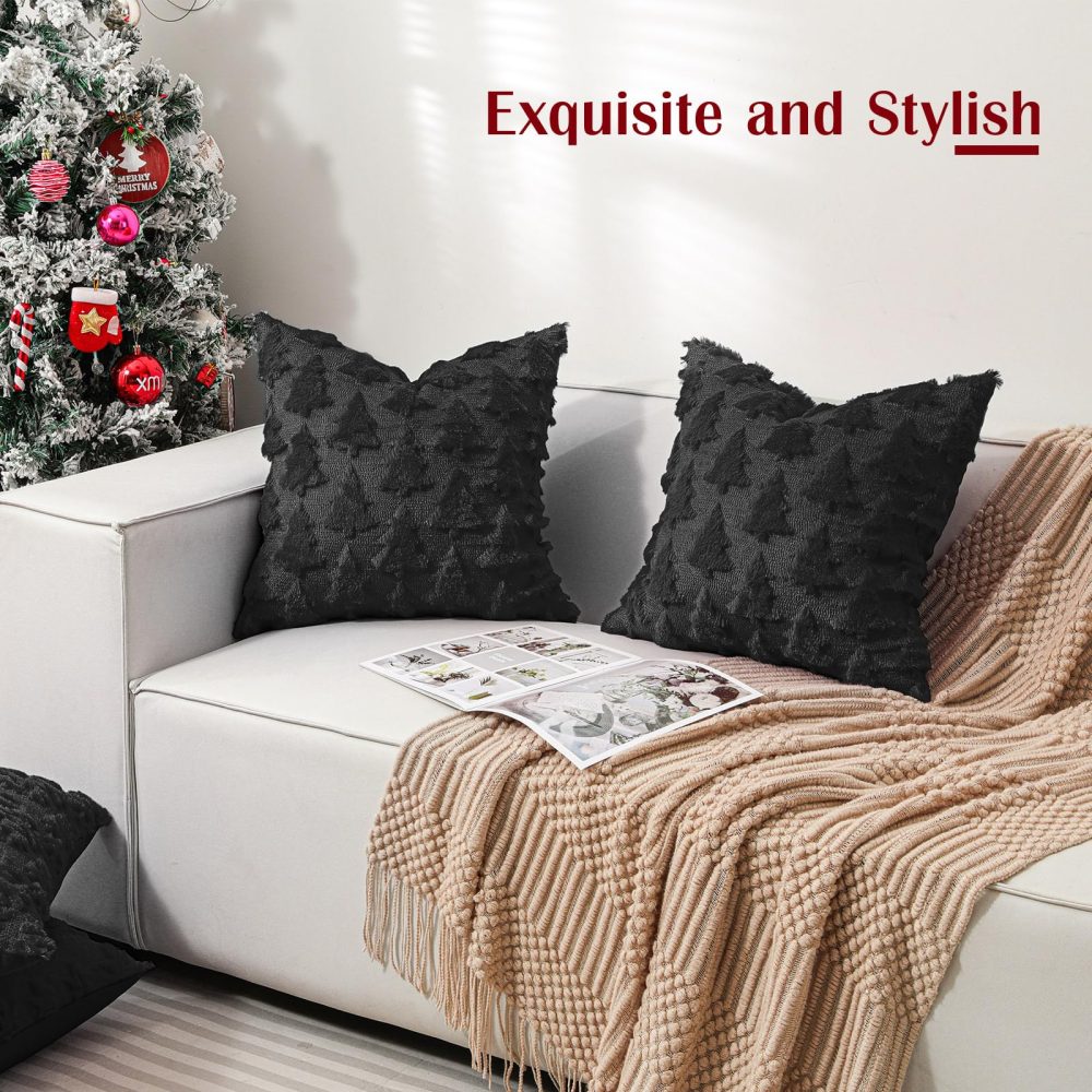Lewondr Christmas Throw Pillow Cover 18x18, Set of 2 Super Soft Faux Fur Pillow Covers Velvet Christmas Tree Embroidery Decorative Throw Pillowcase for Living Room Bed Couch Sofa Car Home Decor, Black - Image 7
