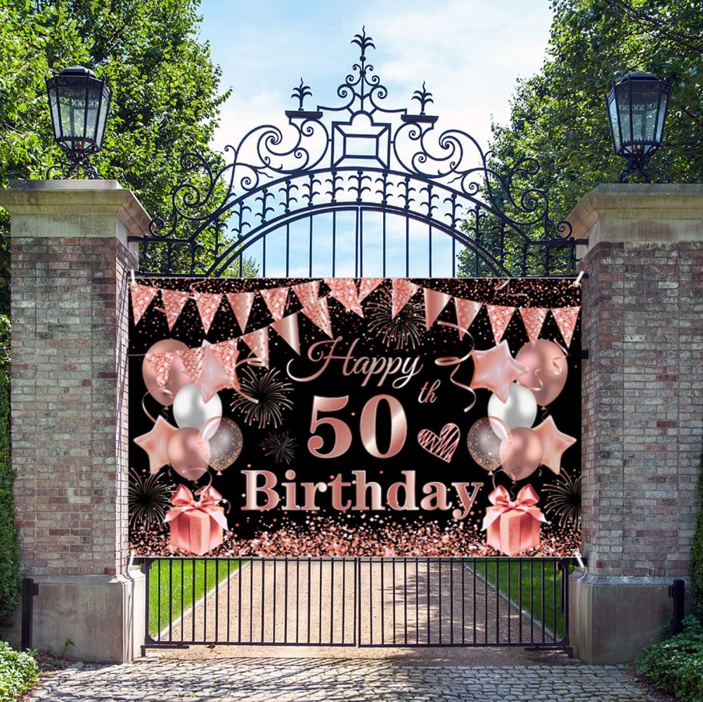 50th Birthday Decoration Banner, 50th Black Rosegold Birthday Backdrop Banner Photo Booth Sign Decorations, Extra Large Fifty Birthday Banner Background for Women 50th Birthday Party Supplies - Image 3