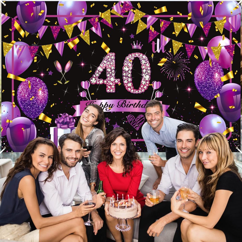 Purple 40th Birthday Decorations Banner Purple Black Gold Happy Birthday Sign Large Shiny Purple Black 40th Birthday Backdrop Background Photo Booth for Women 40th Birthday Anniversary Party Supplies - Image 5