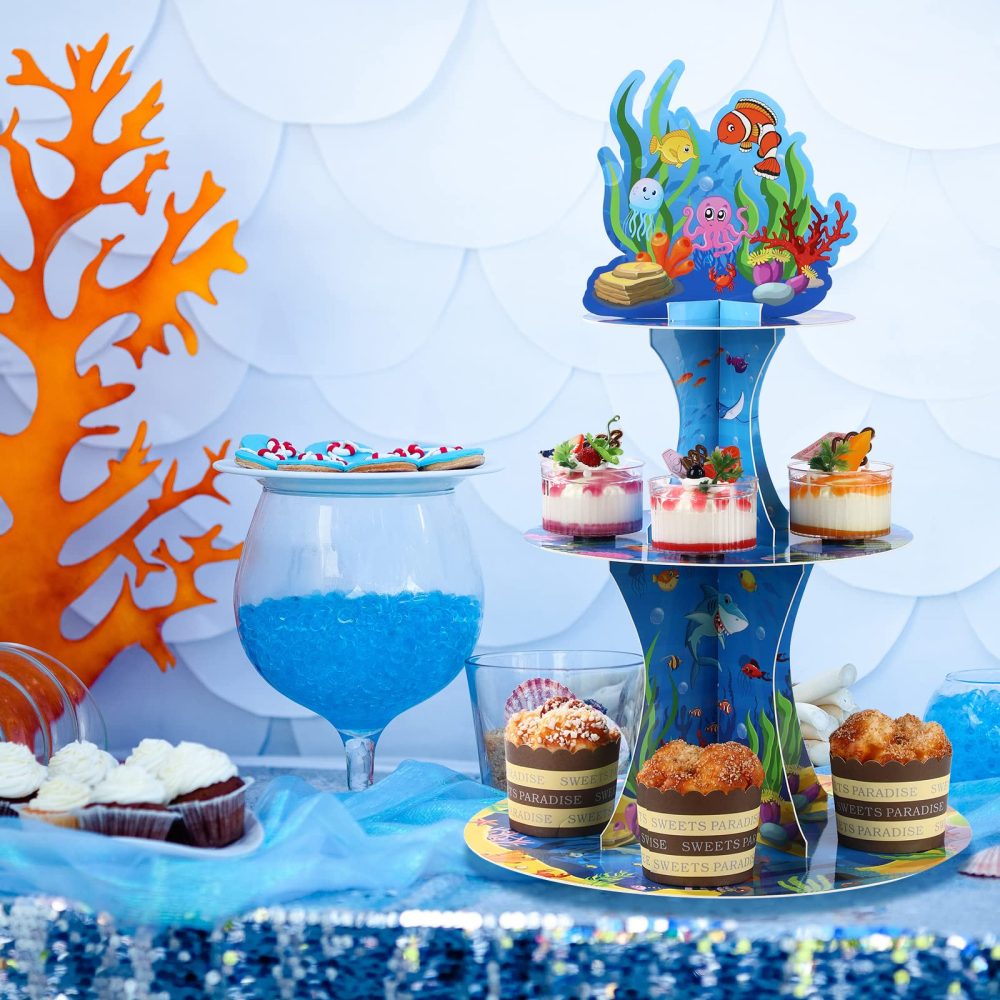 3 Tiers Under the Sea Cardboard Cupcake Stand Ocean Birthday Party Decorations Dessert Cupcake Stand Holder for Sea Creature Shark Party Tropic Fish Beach Party Baby Shower Supplies - Image 2