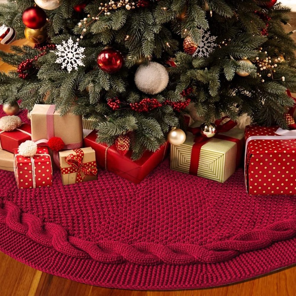 XUDREZ Large Christmas Tree Skirt, Heavy Yarn Base Cover 3D Knitted Christmas Tree Mat Christmas Tree Base Covers Xmas Tree Decorations for Party Holiday (Burgundy,122cm/48 inch) - Image 6