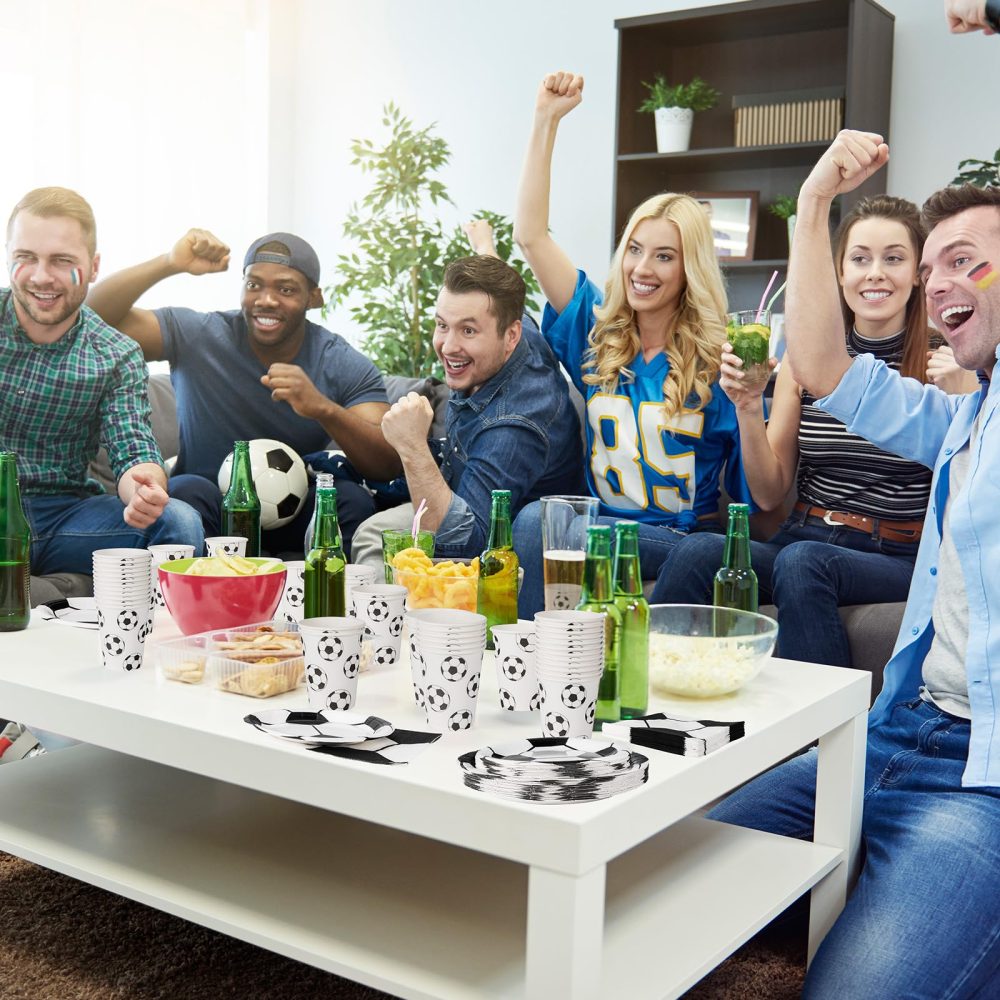 PARTY GO 96 Pcs Football Party Tableware Set, Paper Plates Cups and Napkins, Disposable Dinnerware Party Supplies for Birthday, Black White Football Soccer World Cup Decorations Serve 24 Guests - Image 2