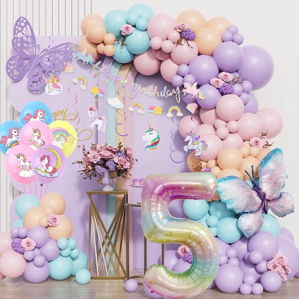 Unicorn 5th Birthday Decorations Girl - 24 Pieces Unicorn Party Decorations, Happy Birthday Banner, Number 5 Foil Balloon, Pull Flower, Hanging Swirl, Unicorn Birthday Party Supplies for Kids Girls - Image 2
