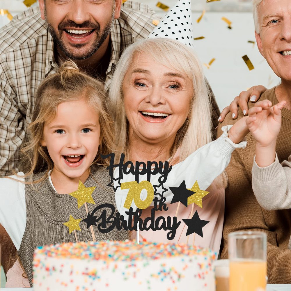 Gidobo 70th Birthday Cake Toppers, Black Gold Glittery Cake Decorations with Stars, Seventy Years Old Birthday Party Supplies for Men and Women - Image 3