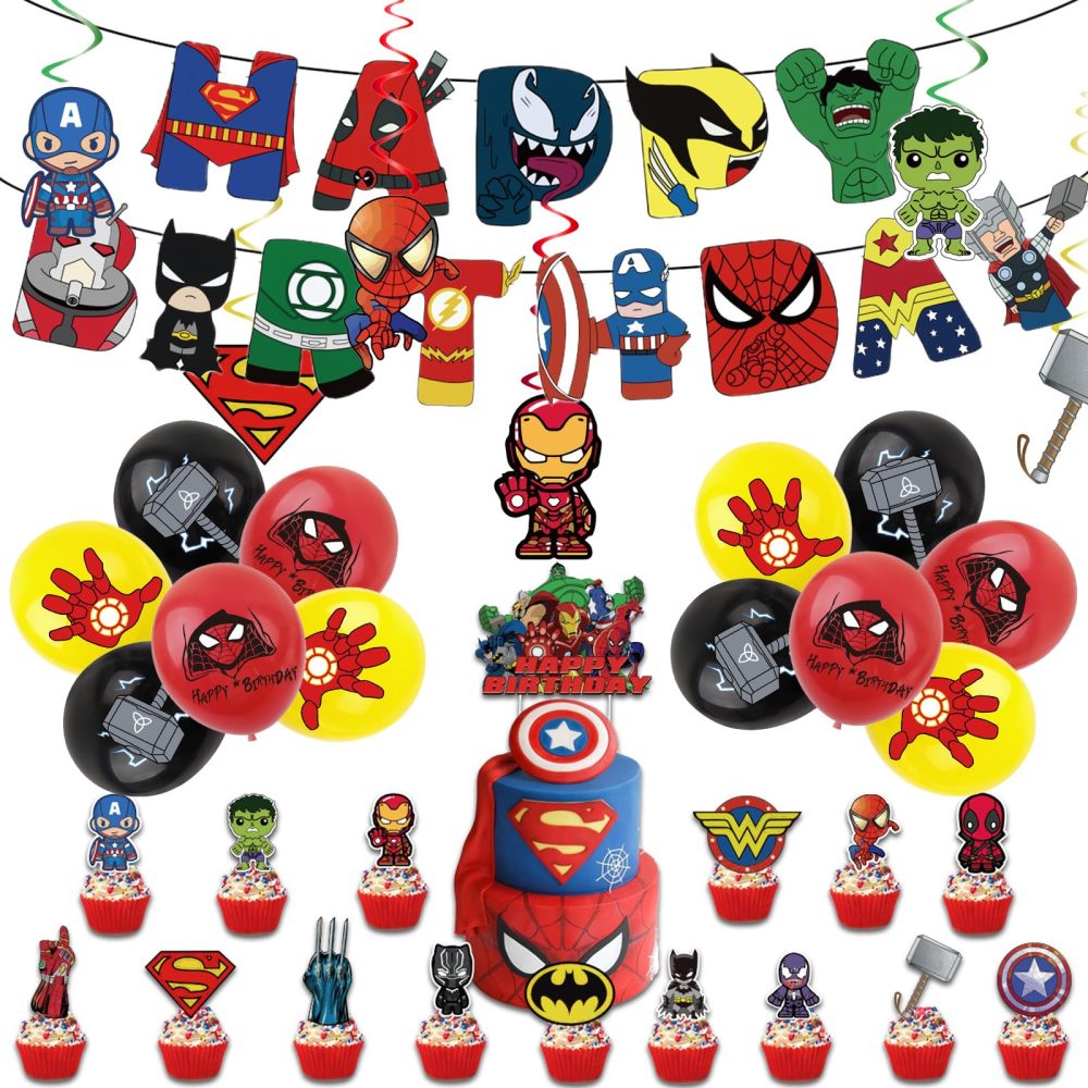 44Pcs Superhero Avengers Birthday Decorations for Boys Home Super-Hero Party Balloons,Happy Birthday Banner Bunting,Cake Toppers,Hanging Swirls for Kids Baby Shower Cartoon Theme Party Supplies