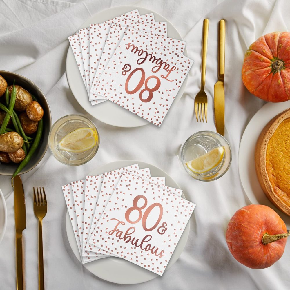 Tenare 40 Pcs Glitter Napkins Happy 50th 60th 70th 80th 90th Birthday Napkins Fabulous Cocktail Disposable Napkin for Birthday Party Anniversary Decoration, 3 Ply (White and Rose Gold,80th Fabulous) - Image 2