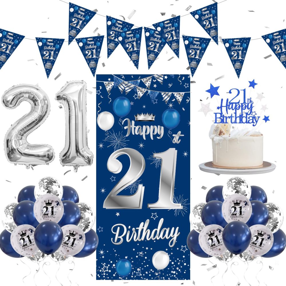 DUGEHO 21th Birthday Decorations Blue and Silver Happy 21th Birthday Banner 21th Birthday Party Decorations for Boys Girls, Balloons Banner Triangle Flags Birthday Door Wall 21th Party Decorations