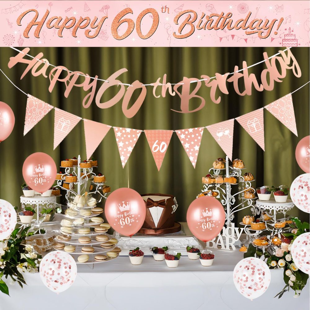 60th Birthday Decorations Kit Rose Gold Happy 60th Birthday Banner Triangle Flag Confetti Balloons Birthday Party Decorations Supplies Age 60 - Image 7