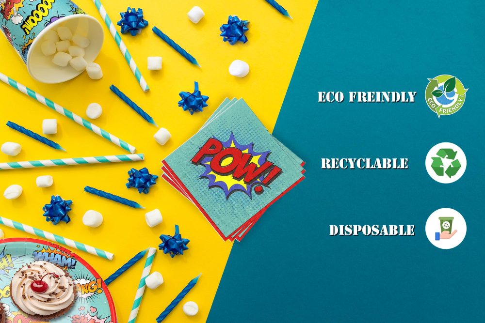 Eco-Friendly Super Hero Themed Kids Birthday Party Kit for 8 Guests - Complete Tableware Set with Plates, Cups, Napkins, and Table Cover - Ultimate Party Supplies and Decorations Package - Image 8