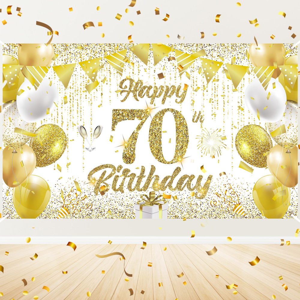 70th Birthday Decorations Banner for Women Men White Gold Happy 70th Birthday Banner Backdrop for White Gold 70th Birthday Party, 70th Anniversary Decorations 72x43 inch