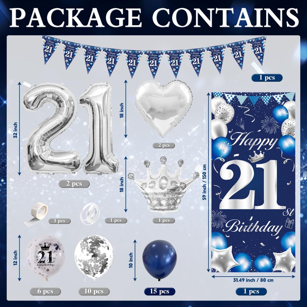 21th Birthday Decorations for Boys Girls Blue and Silver, 21th Birthday Banner Balloons Birthday Balloons Happy Birthday Backdrop Door Banner Number 21 Foil Balloons Party Decorations - Image 7