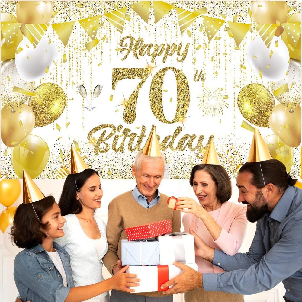 70th Birthday Decorations Banner for Women Men White Gold Happy 70th Birthday Banner Backdrop for White Gold 70th Birthday Party, 70th Anniversary Decorations 72x43 inch - Image 2