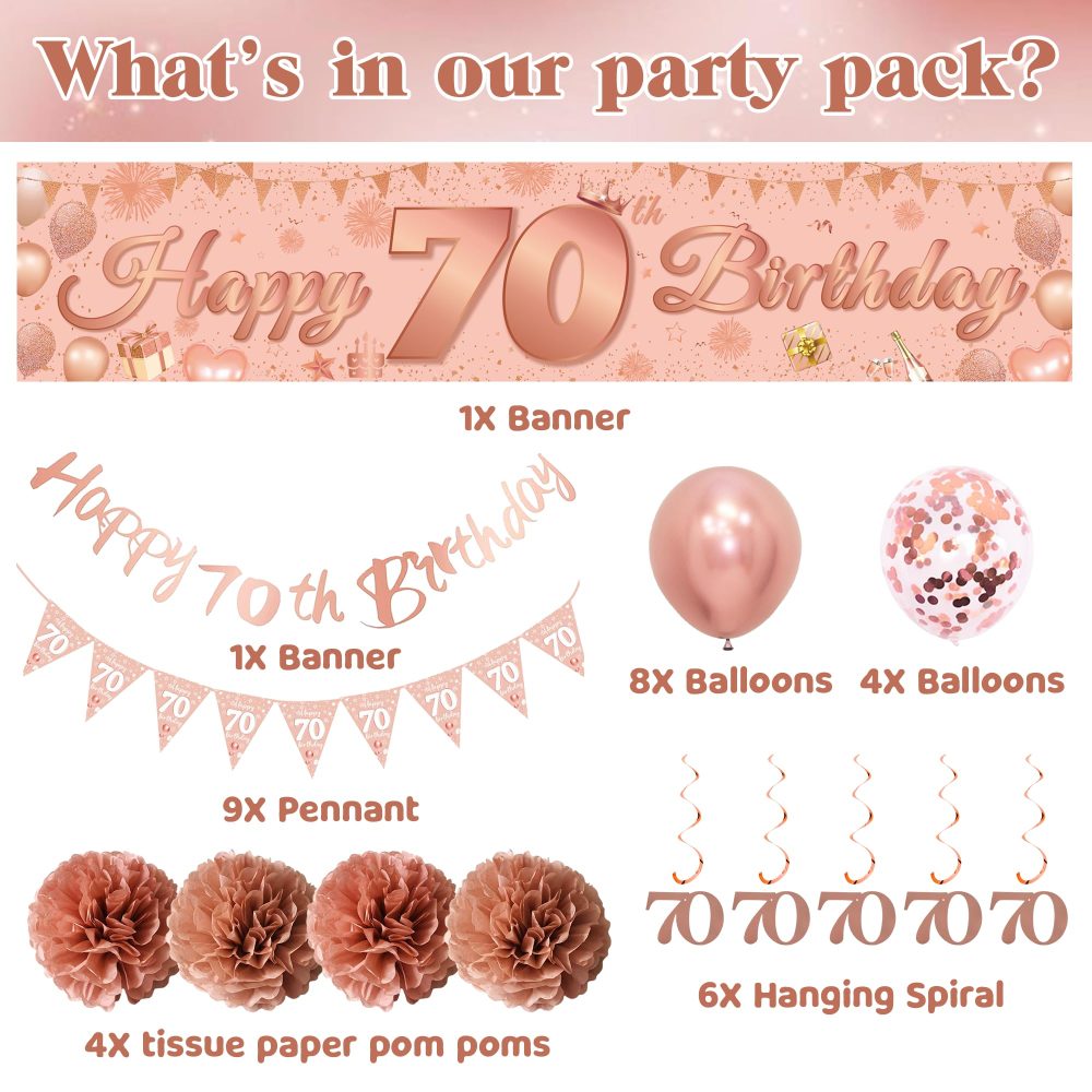 Rose Gold 70th Birthday Banner - 33 Pieces Rose Gold Birthday Party Decor Strip Banner Triangle Flag Rose Gold Hanging Paper Flower Matte Rose Gold Sequins Balloon for Women 70th Birthday Party Decor - Image 7
