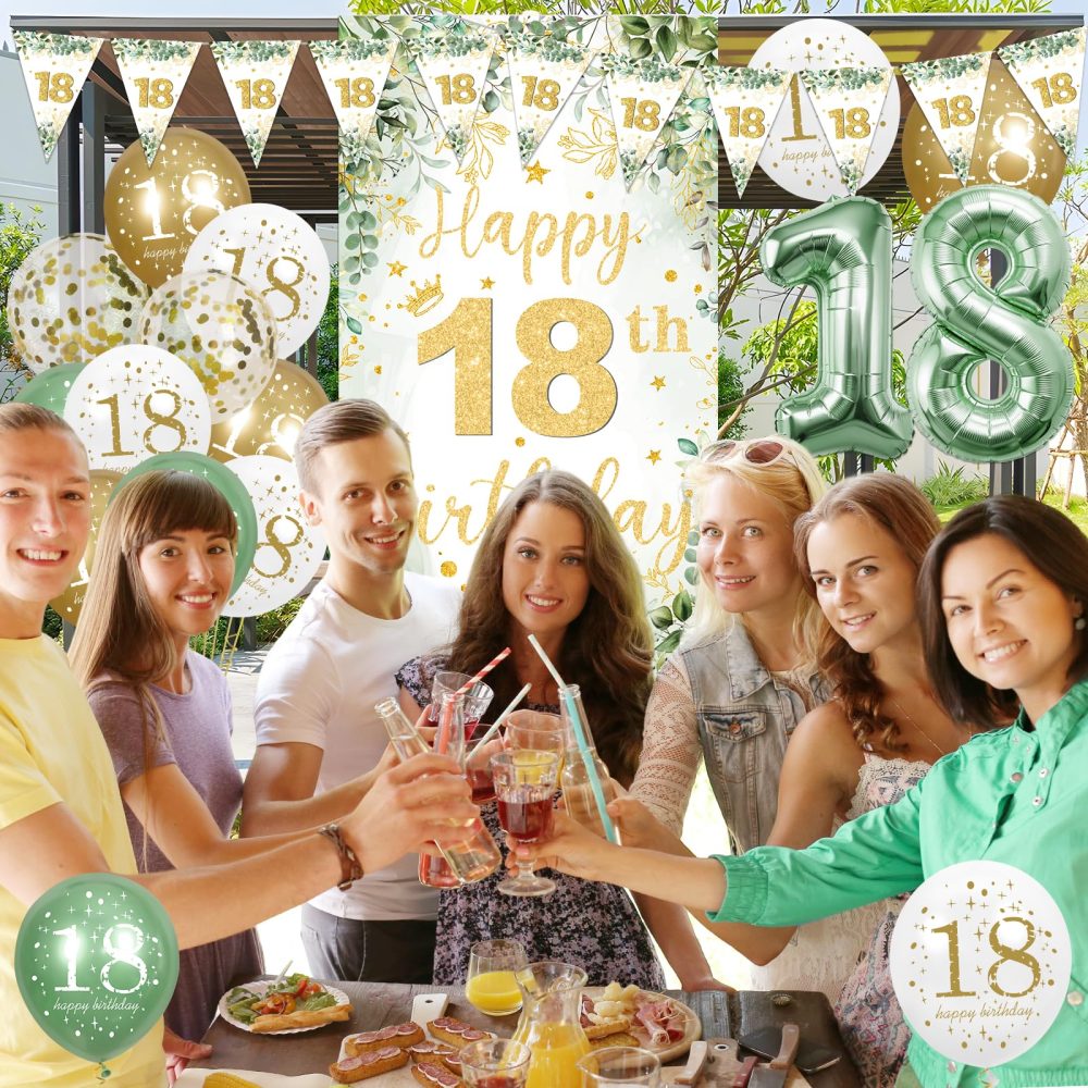 18th Birthday Party Decorations for Girls Boys, Sage Green Happy 18th Birthday Decorations Green Gold 18th Birthday Door Banner Number 18 Foil Balloons for 18 Year Old Birthday Party Decor Supplies - Image 7