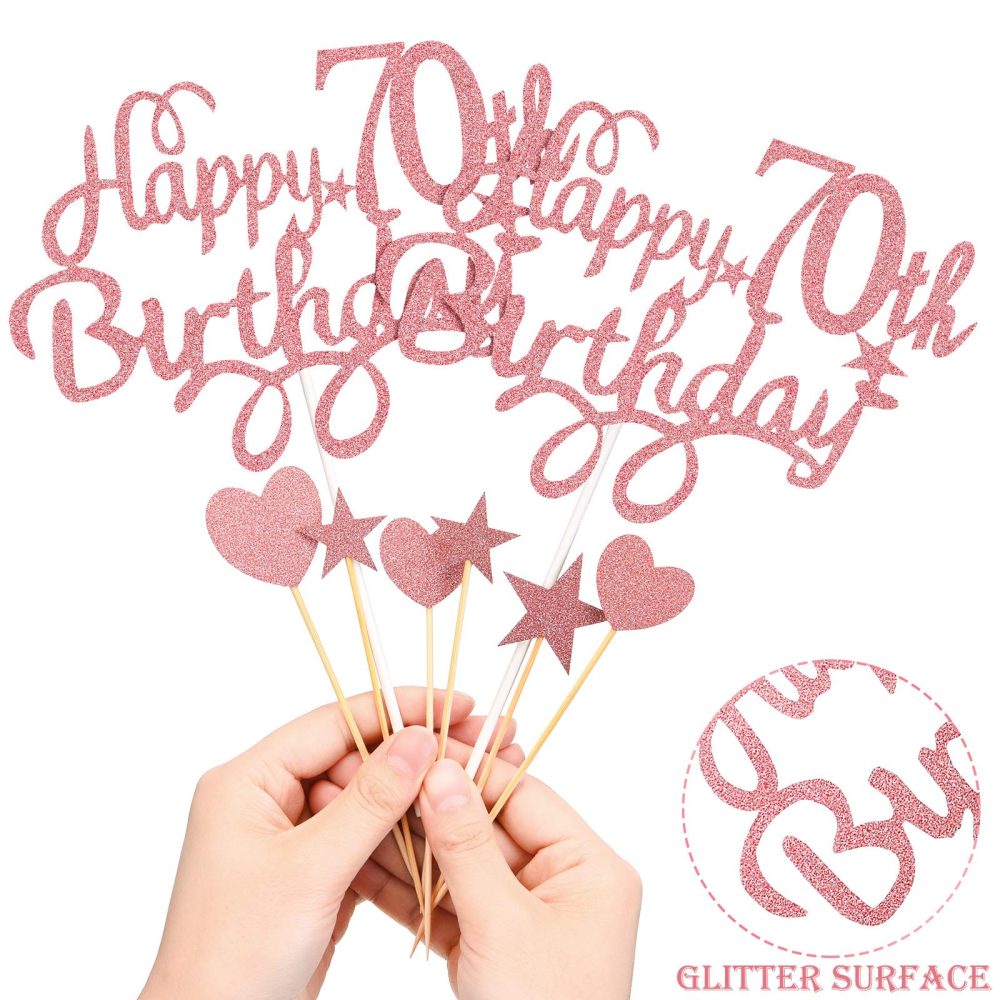 Boao Cake Topper Set, Happy 70th Birthday Cake Topper with Heart Star Cupcake Picks Glitter Cake Decoration for Birthday Party Cake Supplies, Rose Gold - Image 5