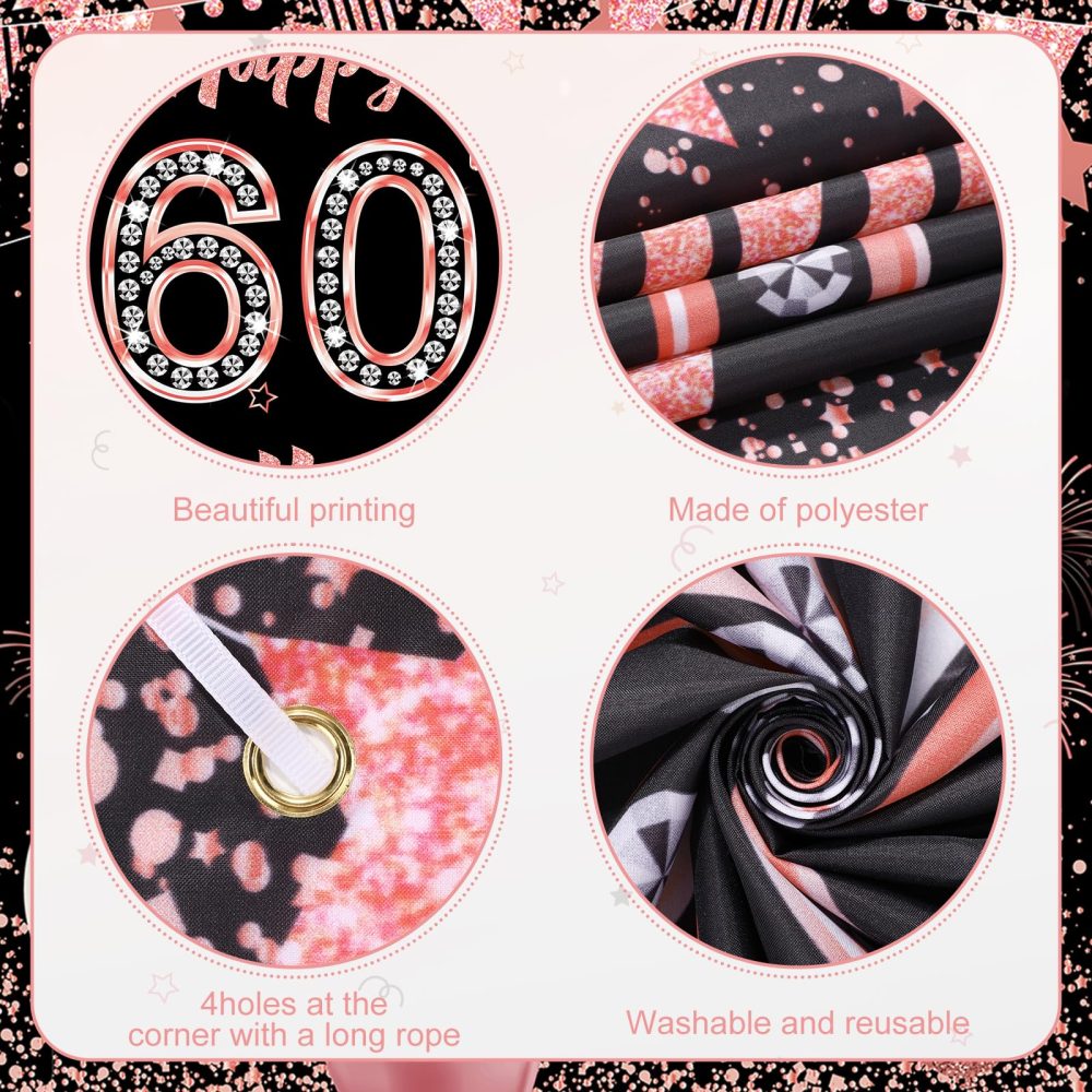 60th Birthday Decorations Banner for Women, Black Rose Gold 60th Birthday Banner with 60th Birthday Door Cover Porch Banner Sign for 60th Birthday Anniversary Party Supplies Indoor Outdoor Decor - Image 3