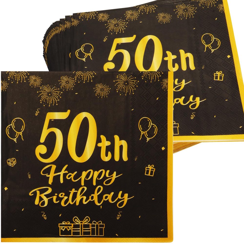 SZSMART Happy Birthday Black and Gold Napkins, 48pcs Party Napkins, Birthday Napkins Happy Birthday Decorations Paper Tissues for Men,Women Birthday Party Supplies Table Decoration (50th)