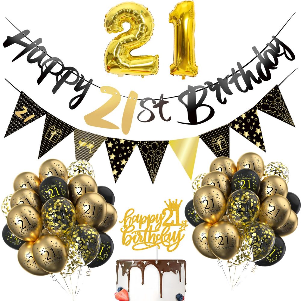 21st Birthday Decorations Set for Him,24Pcs Black Gold 21st Birthday Confetti Balloons,Gold Happy 21st Birthday Banner 21st Gold Foil Balloon Ribbon Cake Topper for Her Men Women 21 Year Old Party