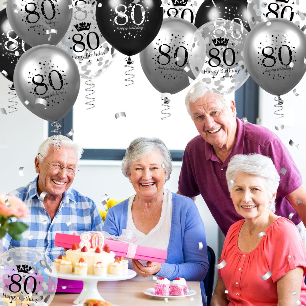 80th Birthday Balloons Decorations 15pcs Silver Black for Men Number 80 Anniversary Happy Birthday Party Latex Confetti Balloons for Men Women Adults 80th Happy Birthday Party Decor Supplies 12 Inches - Image 5