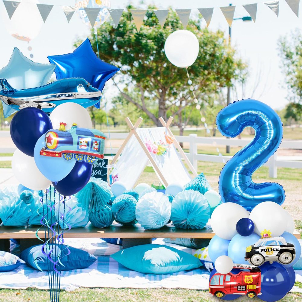Transportation 2nd Birthday Decorations Boy - Blue Transportation 2nd Party Supplies with Numbers Stars Car Foil Balloons Cupcake Topper for 2 Year Olds Vehicle Theme Party - Image 4