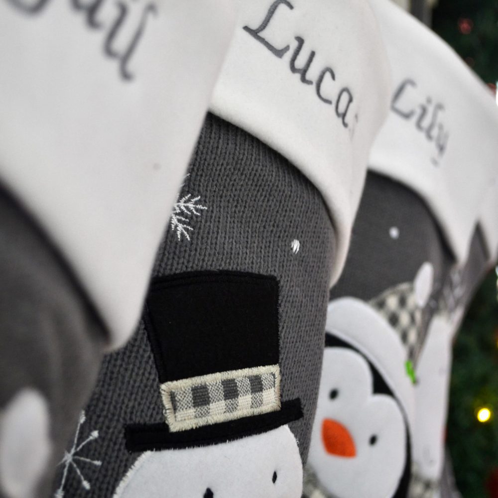 Always Personal Personalised Embroidered Dark Grey Knitted Christmas Xmas Hanging Stockings - Santa, Snowman, Reindeer Penguin, Pet Bones or Baby Teddy with Custom Name (Penguin) - Image 6